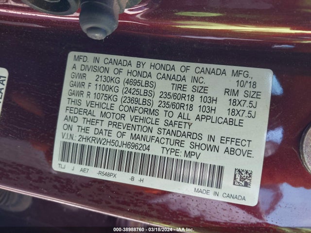 Honda CR-V EX 2018 2HKRW2H50JH696204 Image 9
