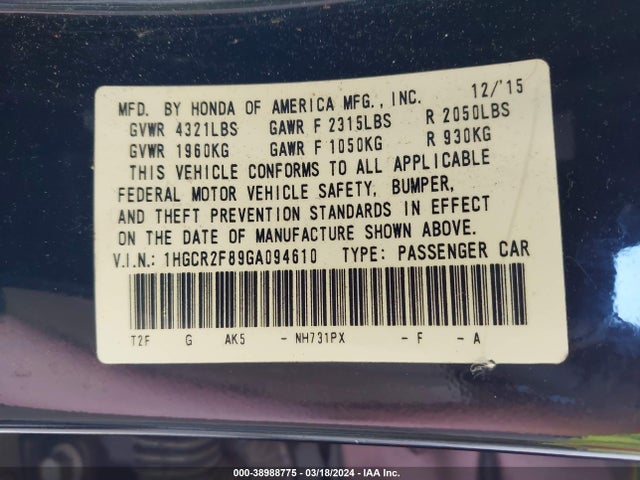 Honda Accord Ex-l 2016 1HGCR2F89GA094610 Image 9
