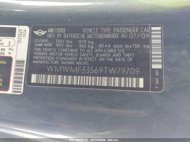 2009 MINI COOPER WMWMF33569TW79709 Photo 8