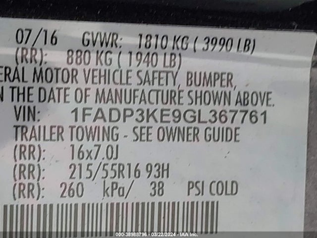 Ford FOCUS SE 2016 1FADP3KE9GL367761 Image 9