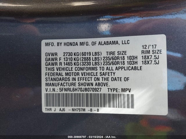 Honda Odyssey Ex-l 2018 5FNRL6H70JB070927 Image 9