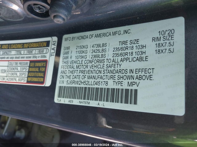 Honda Cr-v Awd Ex 2020 5J6RW2H52LL045178 Image 9