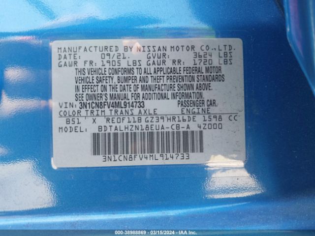 3N1CN8FV4ML914733 Nissan Versa Sr Xtronic Cvt