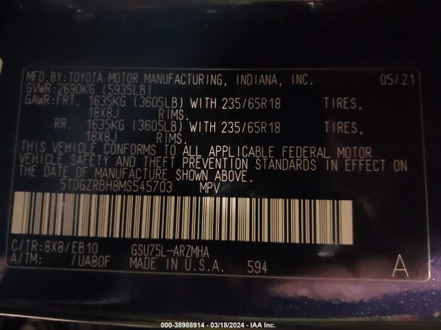 Toyota Highlander Xle 2021 5TDGZRBH8MS545703 Image 9