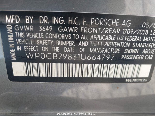 2001 PORSCHE BOXSTER WP0CB29831U664797 Photo 8