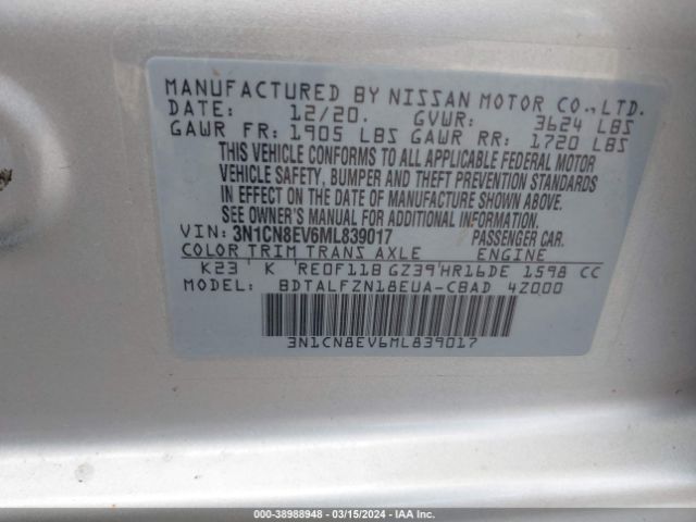 3N1CN8EV6ML839017 Nissan Versa Sv Xtronic Cvt