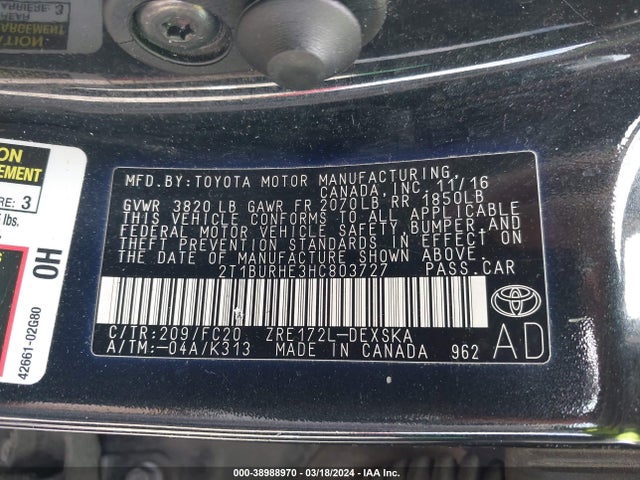 Toyota COROLLA SE 2017 2T1BURHE3HC803727 Image 9