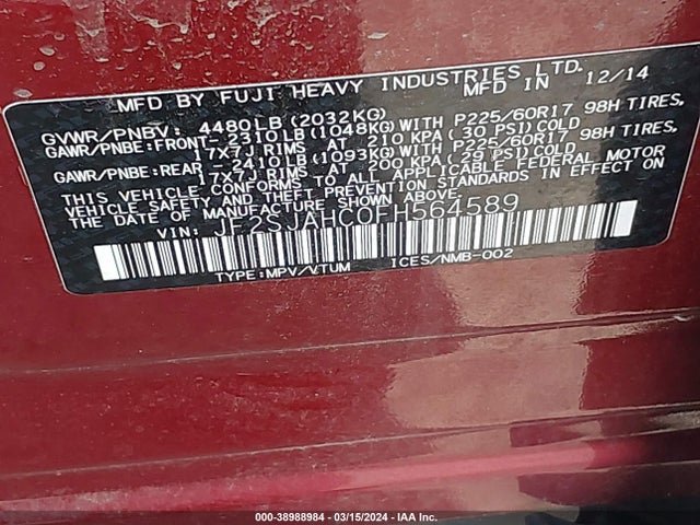 Subaru Forester 2.5i Limited 2015 JF2SJAHC0FH564589 Image 9