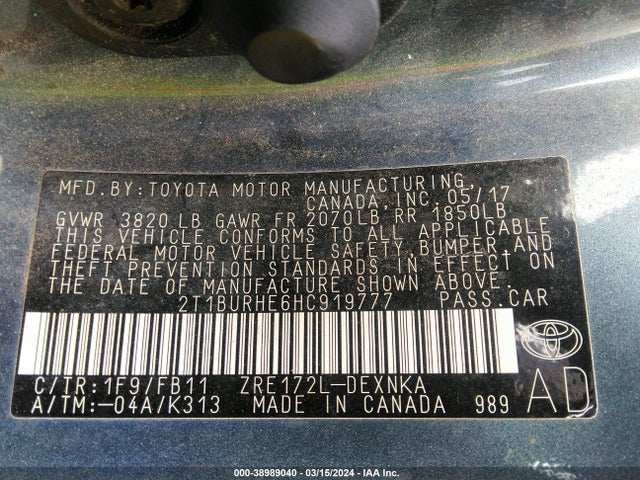 Toyota COROLLA LE 2017 2T1BURHE6HC919777 Image 9