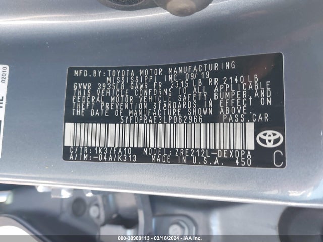 Toyota COROLLA L 2020 5YFDPRAE3LP062966 Image 9