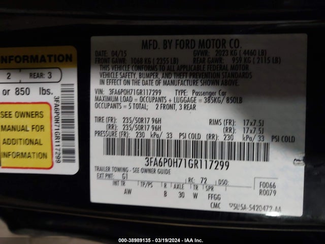Ford FUSION SE 2016 3FA6P0H71GR117299 Image 9