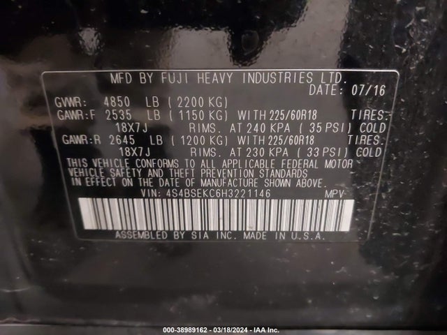 Subaru Outback 3.6r Limited 2017 4S4BSEKC6H3221146 Image 9
