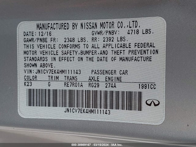 38989167 :رقم المزاد ، JN1CV7EK4HM111143 vin ، 2017 Infiniti Q60 2.0t مزاد بيع