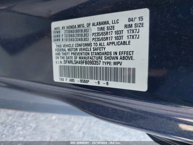 Honda ODYSSEY EX 2015 5FNRL5H49FB090357 Image 9