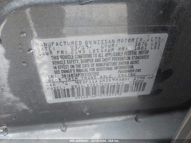 Nissan SENTRA SV 2019 3N1AB7AP7KY337392 Image 9