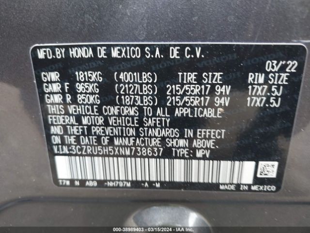 3CZRU5H5XNM738637 Honda Hr-v 2wd Ex