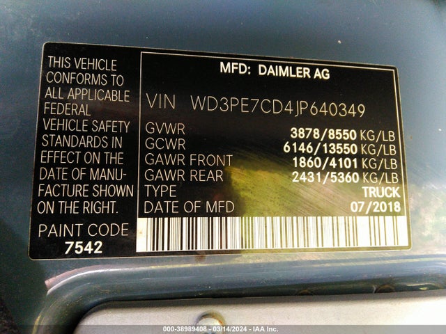 WD3PE7CD4JP640349 Mercedes-Benz Sprinter 2500 Standard Roof V6