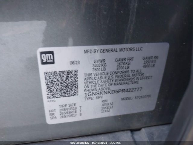 1GNSKNKD5PR422777 Chevrolet Tahoe 4wd Lt