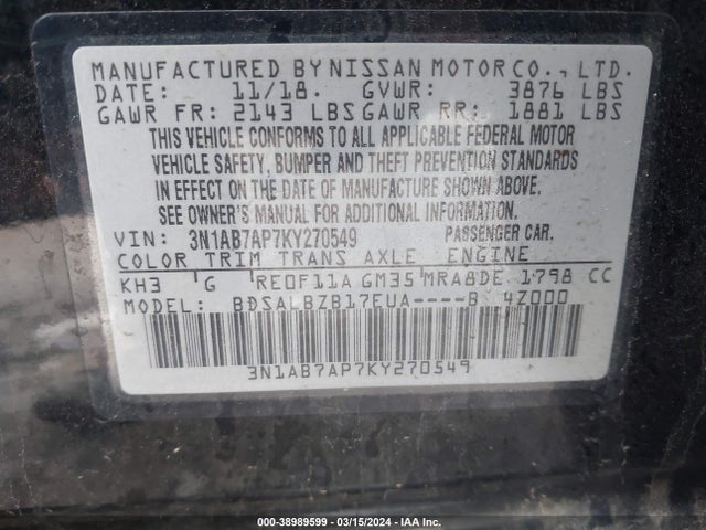 Nissan SENTRA S 2019 3N1AB7AP7KY270549 Image 9