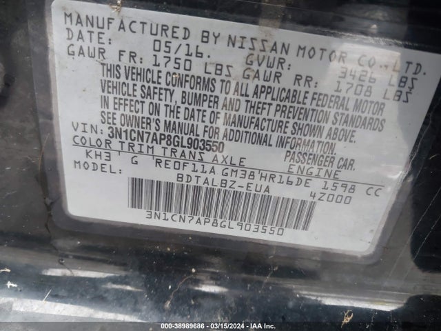 Nissan Versa 2016 3N1CN7AP8GL903550 Image 9