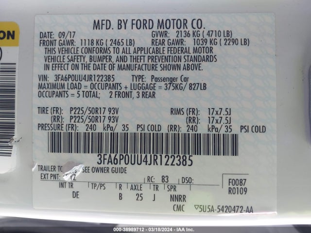 Ford Fusion Hybrid S 2018 3FA6P0UU4JR122385 Image 9