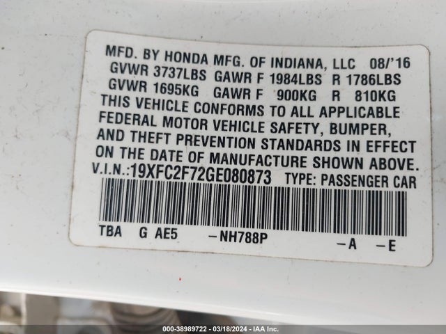 Honda CIVIC EX 2016 19XFC2F72GE080873 Image 9