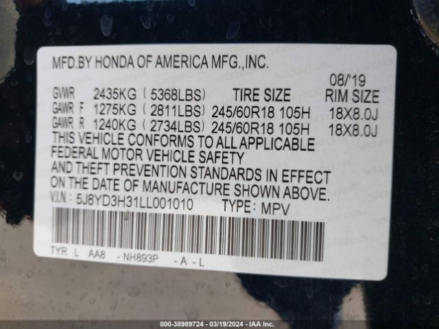 5J8YD3H31LL001010 Acura Mdx Standard