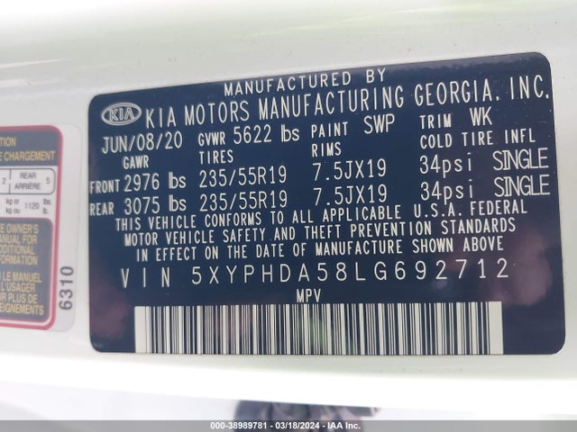 KIA Sorento 3.3l Ex 2020 5XYPHDA58LG692712 Image 9