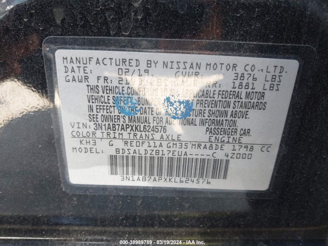 Nissan SENTRA SV 2019 3N1AB7APXKL624576 Image 9