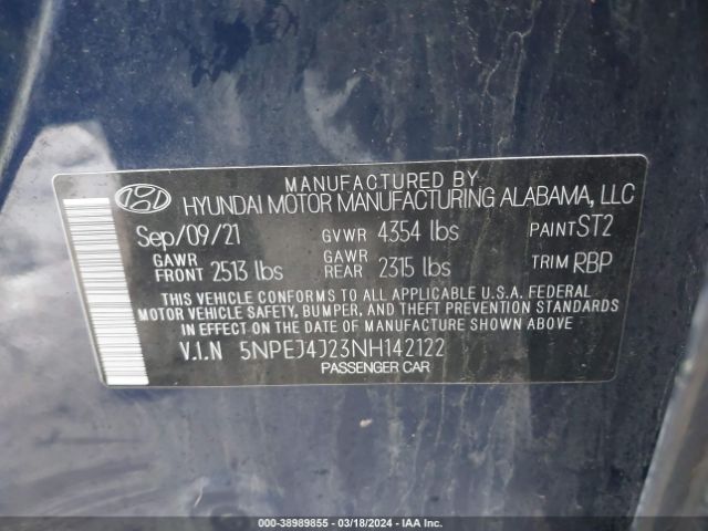 5NPEJ4J23NH142122 Hyundai Sonata Sel Plus