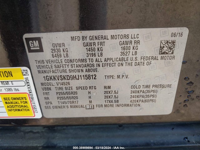 1GKKVSKD9HJ115812 GMC Acadia Limited