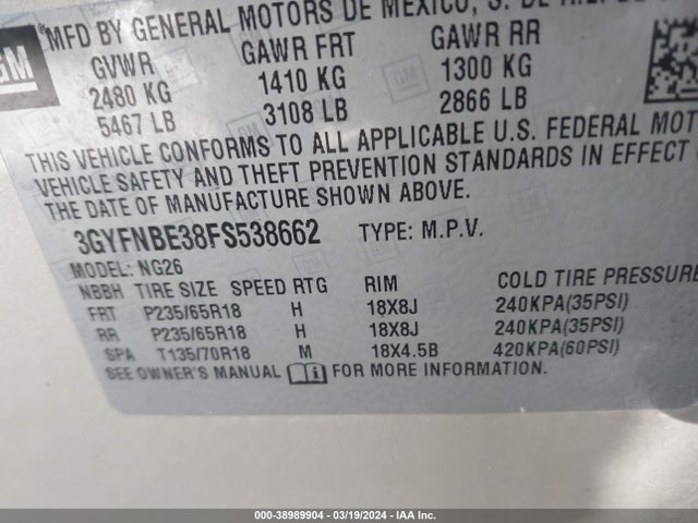 3GYFNBE38FS538662 Cadillac Srx Luxury Collection