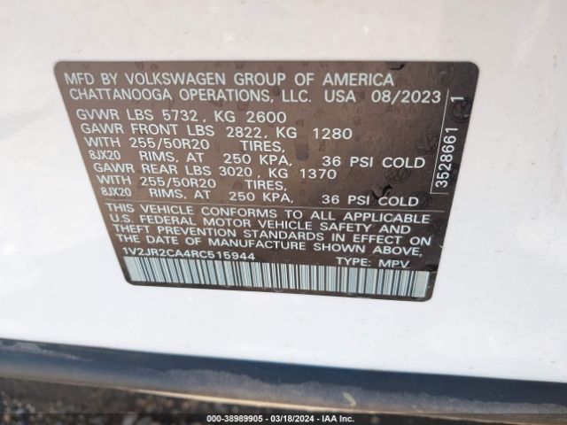 1V2JR2CA4RC515944 Volkswagen Atlas 2.0t Se W/technology