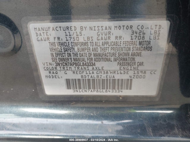 Nissan Versa 1.6 Sv 2016 3N1CN7AP8GL843334 Image 9