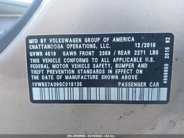 1VWBS7A39GC018135 Volkswagen Passat 1.8t Se
