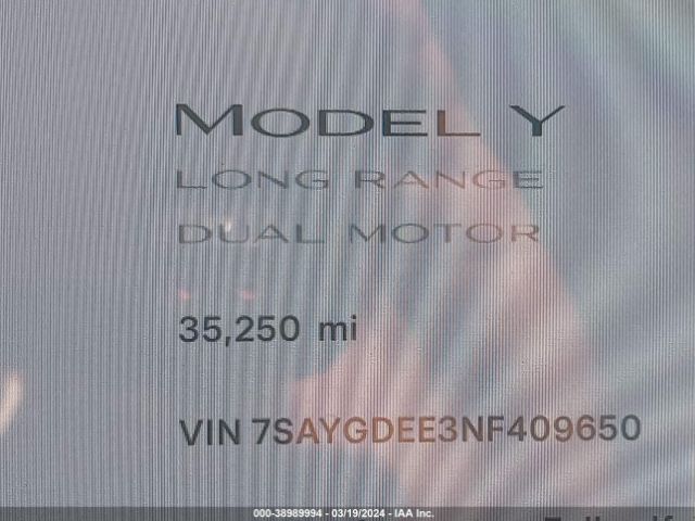 7SAYGDEE3NF409650 Tesla Model Y Long Range Dual Motor All-wheel Drive