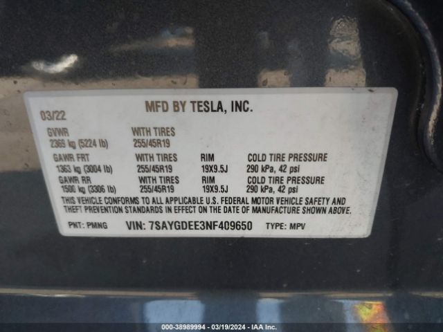 7SAYGDEE3NF409650 Tesla Model Y Long Range Dual Motor All-wheel Drive