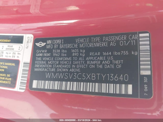 2011 MINI COOPER S WMWSV3C5XBTY13640 Photo 8
