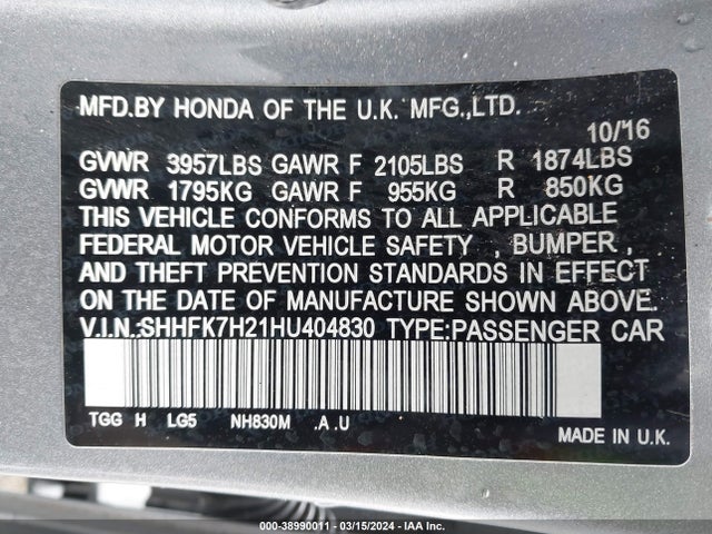 Honda Civic Lx 2017 SHHFK7H21HU404830 Image 9