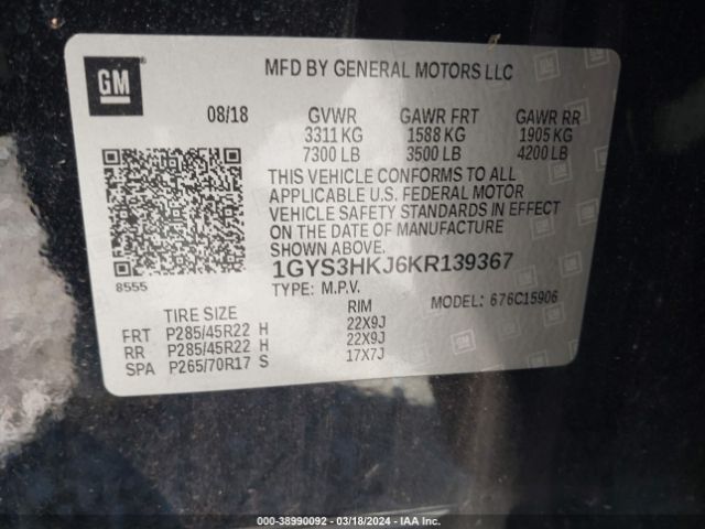 1GYS3HKJ6KR139367 Cadillac Escalade Esv Luxury