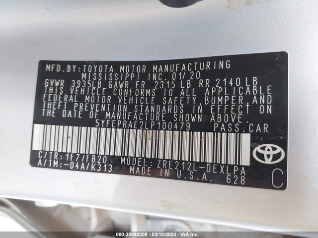 Toyota COROLLA LE 2020 5YFEPRAE2LP100479 Image 9