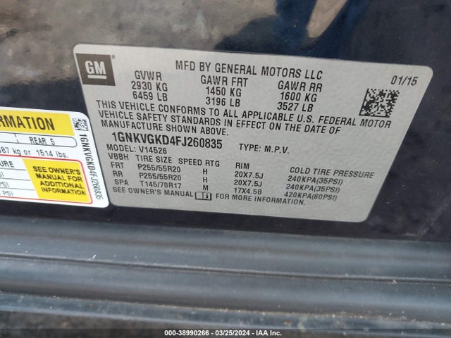 Chevrolet Traverse 1lt 2015 1GNKVGKD4FJ260835 Image 9