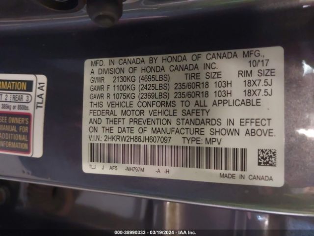 2HKRW2H86JH607097 Honda Cr-v Ex-l/ex-l Navi
