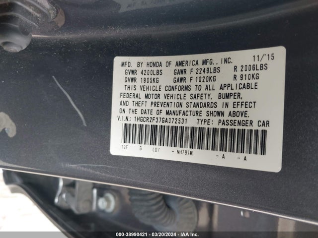 Honda ACCORD LX 2016 1HGCR2F37GA072531 Image 9