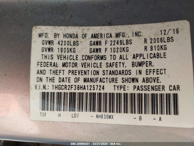 Honda ACCORD LX 2017 1HGCR2F38HA125724 Image 9