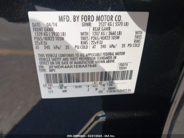 2FMDK4AK1EBA57649 Ford EDGE SPORT