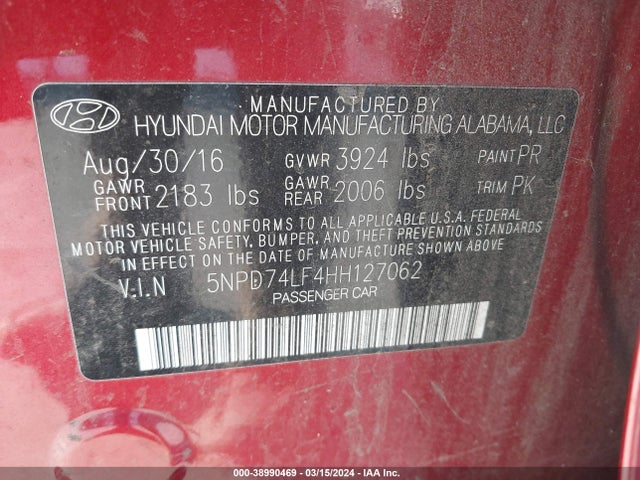 Aukcja sprzedaży 2017 Hyundai Elantra Se, vin: 5NPD74LF4HH127062, numer aukcji: 38990469