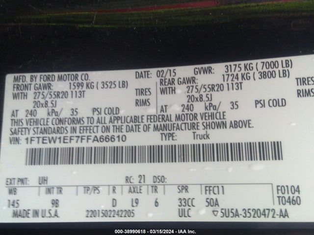 Ford F-150 Platinum 2015 1FTEW1EF7FFA66610 Image 9