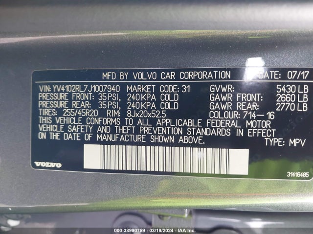 YV4102RL7J1007940 Volvo Xc60 T5 Inscription