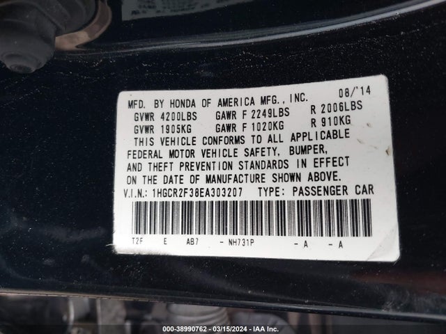 Honda ACCORD LX 2014 1HGCR2F38EA303207 Image 9